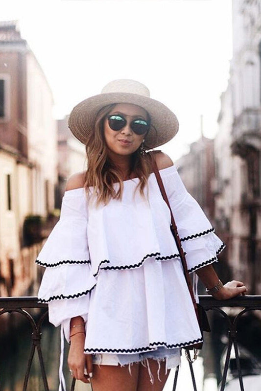 Off Shoulder Ruffles Long Sleeves Long Trumpet Sleeves Blouse