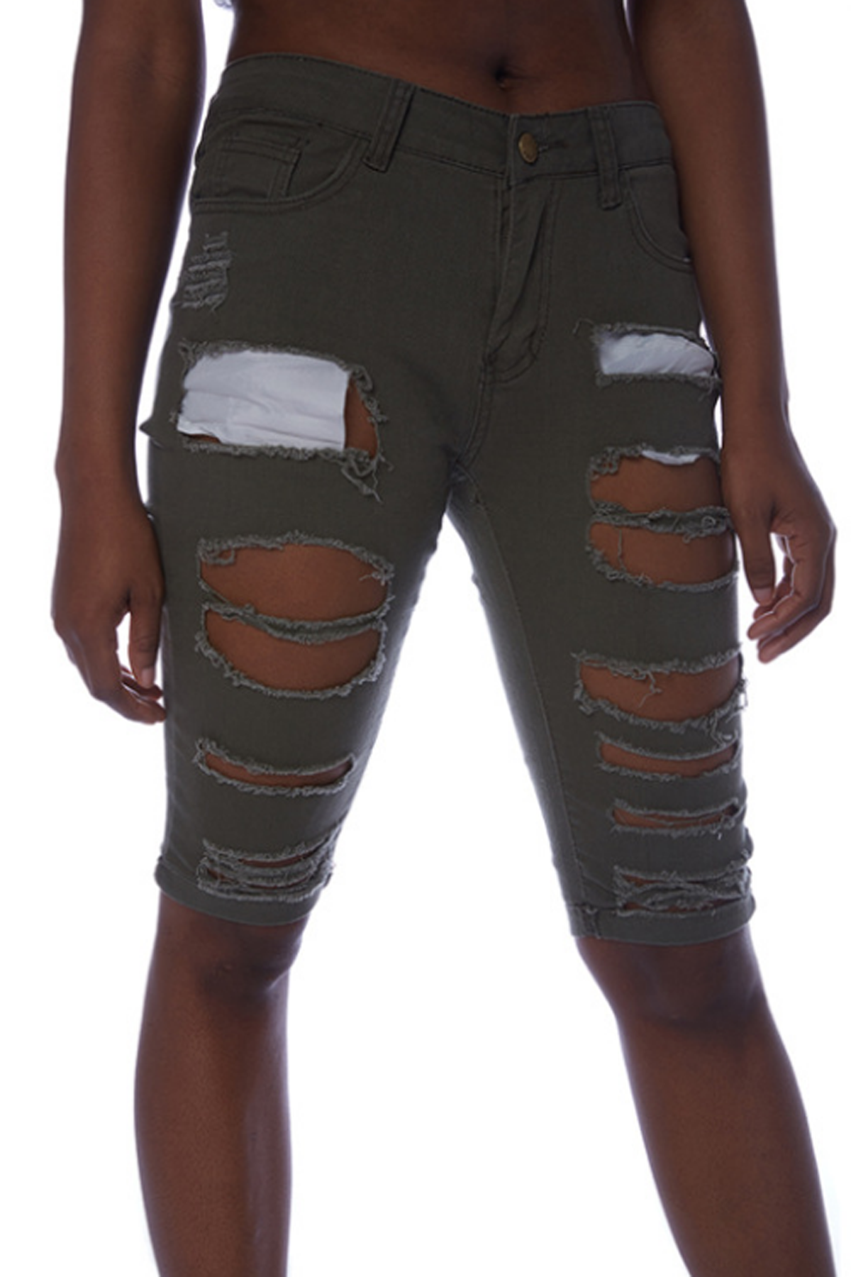 High Waist Hole Pure Color Slim Denim Long Shorts