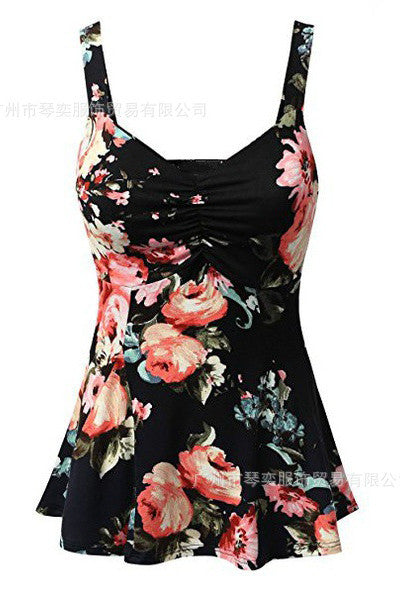 Square Straps Flower Print Sleeveless Tank Top