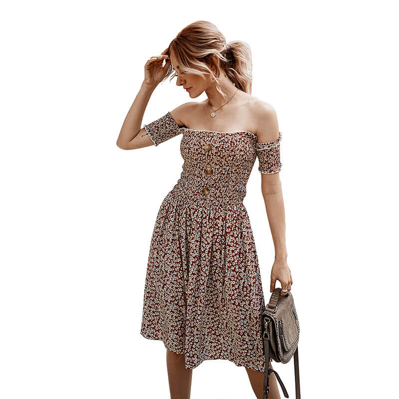 Off Shoulder Floral Smocking Knee Length Dress