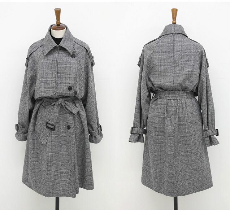 Plaid Double Breast Oversized Slim Long Coat with Belt on