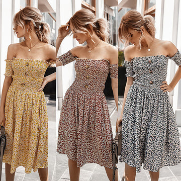 Off Shoulder Floral Smocking Knee Length Dress