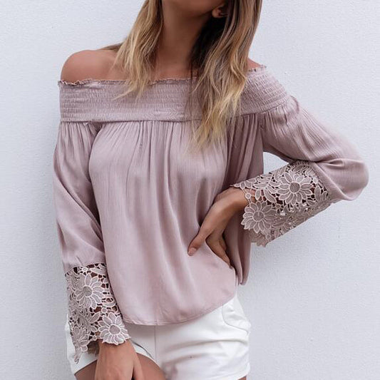 Off Shoulder Lace Pure Color Pleated Blouse