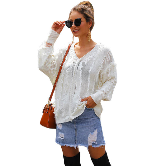 V-Neck Lace Tassel Long Sleeve Women Sweater