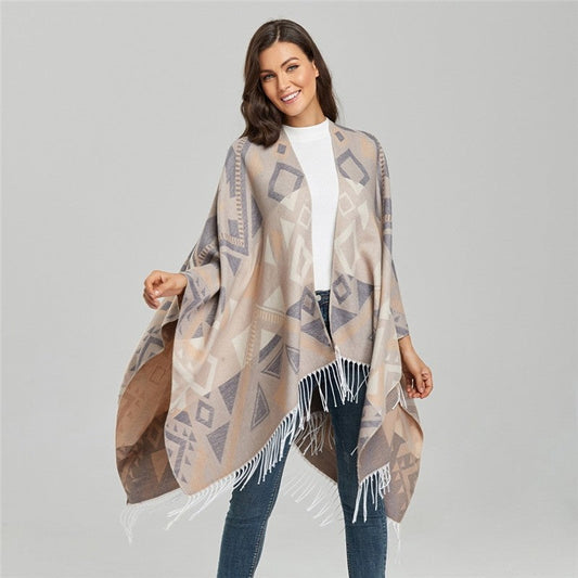 Tassel Slit Shawl Cape Double Sided Imitation Cashmere Thickened Large Warm Cape