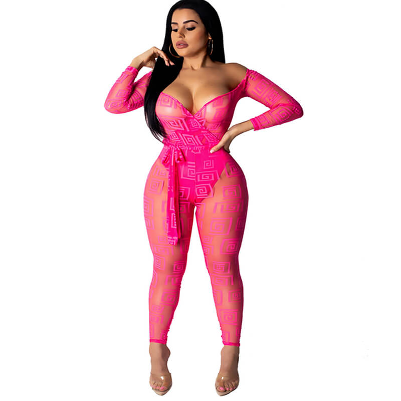 Off Shoulder See Through Mesh Jumpsuit