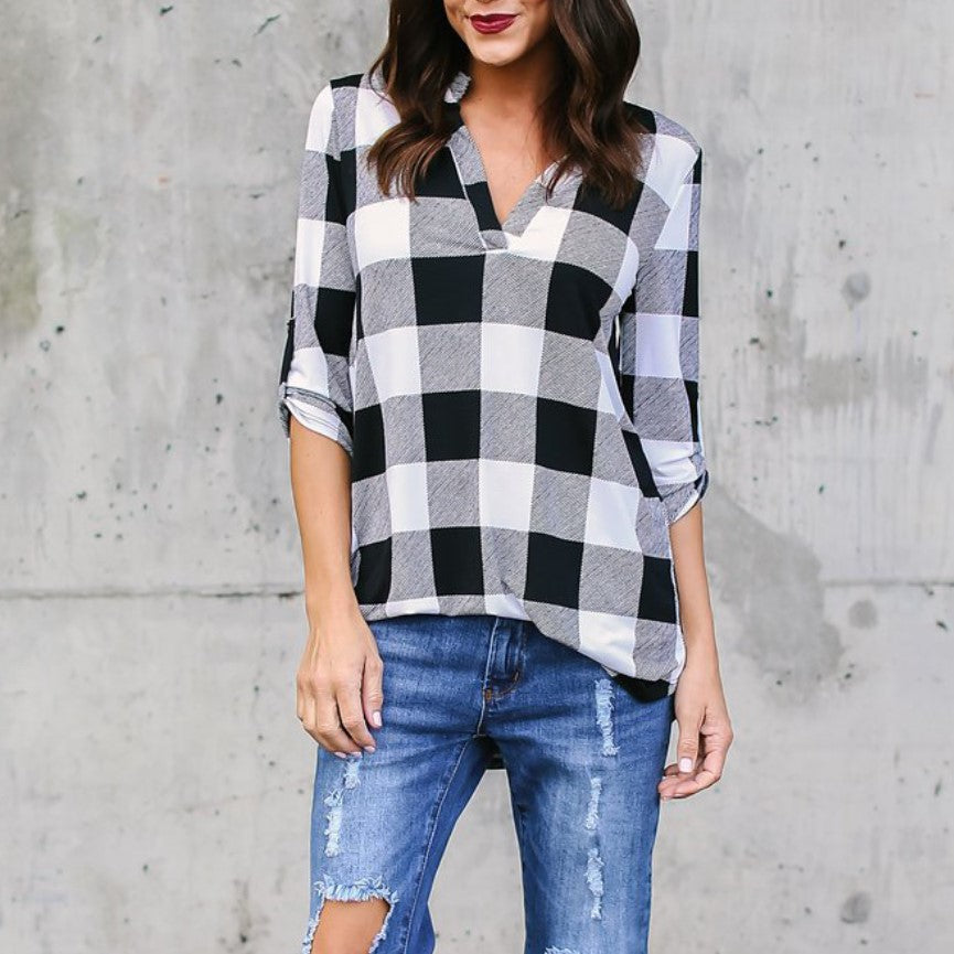 V-neck Plaid Loose Long Sleeves Long Blouse