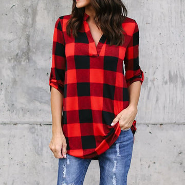 V-neck Plaid Loose Long Sleeves Long Blouse