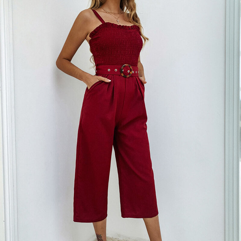 Wide Leg With Belt Square Neck Women Jumpsuit