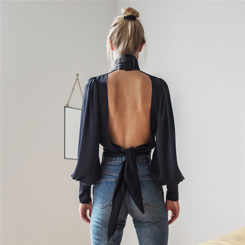 High Neck Cut Out Long Lantern Sleeves Backless Short Blouse