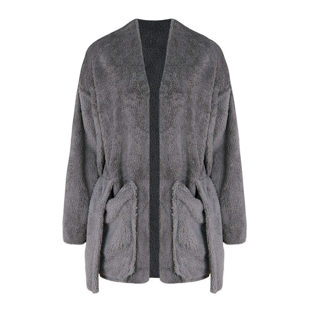 Polar Fleece Big Pocket Loose Solid Color Long Cardigan Coat