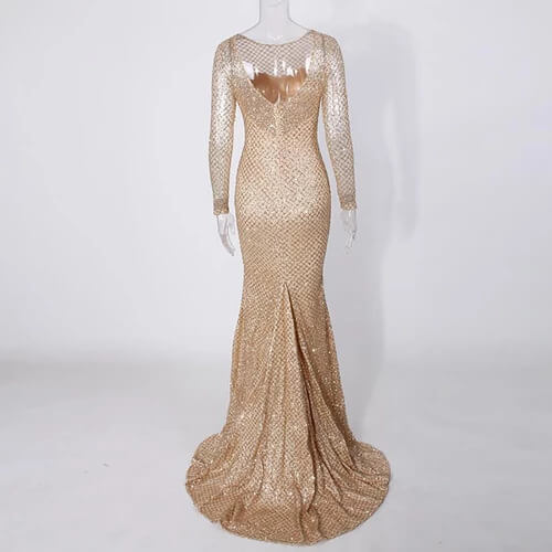 Champagne Mermaid Floor Length Evening Dress