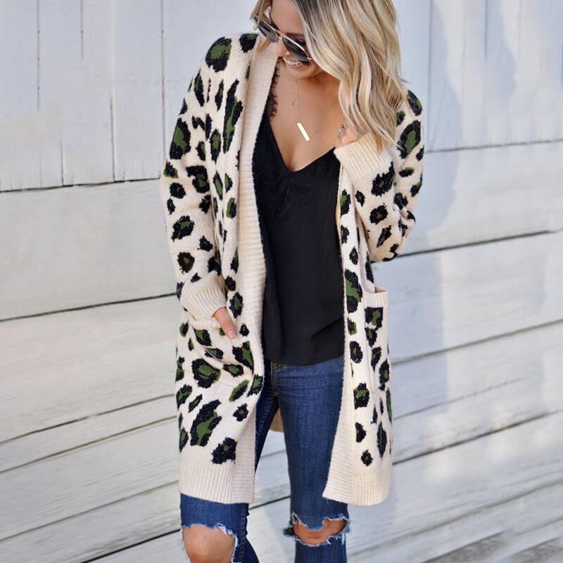 Leopard Pockets Knit Oversized Cardigan Sweater