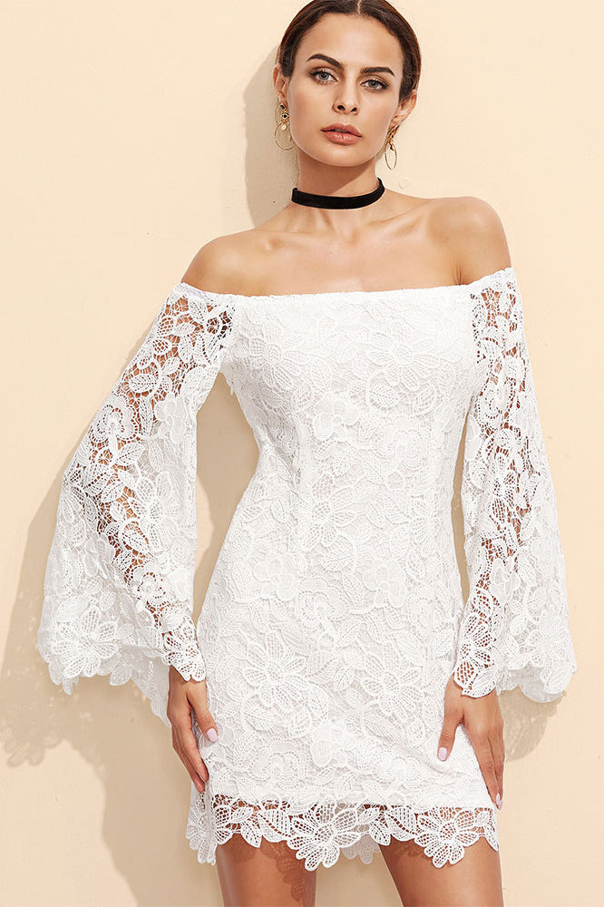 Off Shoulder Long Trumpet Sleeves Short Lace Dress