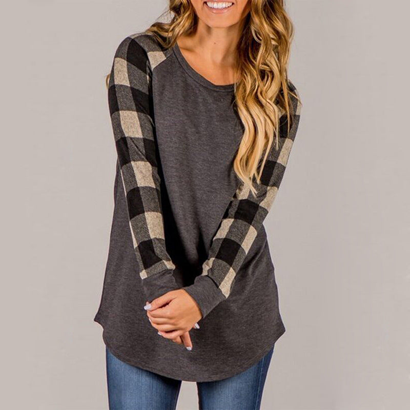 Patchwork Long Sleeves Scoop Regular Blouse