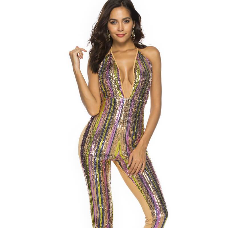 Sexy Sequin Sleeveless Bandage High Waist Jumpsuits