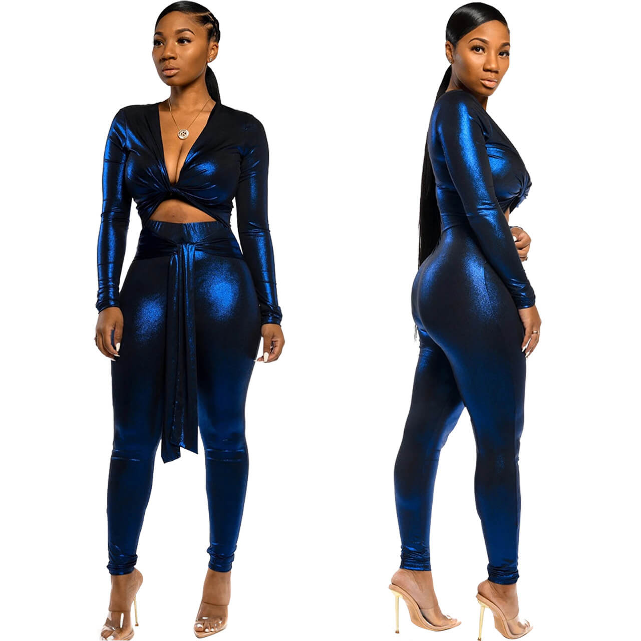 Plus Size Long Sleeves V Neck Strap Skinny Jumpsuit