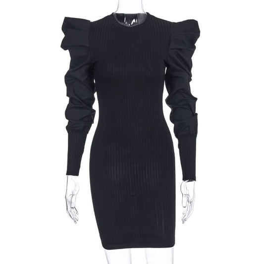 Leg Of Mutton Sleeve Ribbed Short Dress