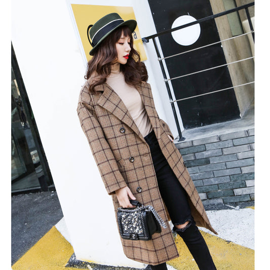 Lapel Collar Plaid Wool Blend Women Oversized Peacoat