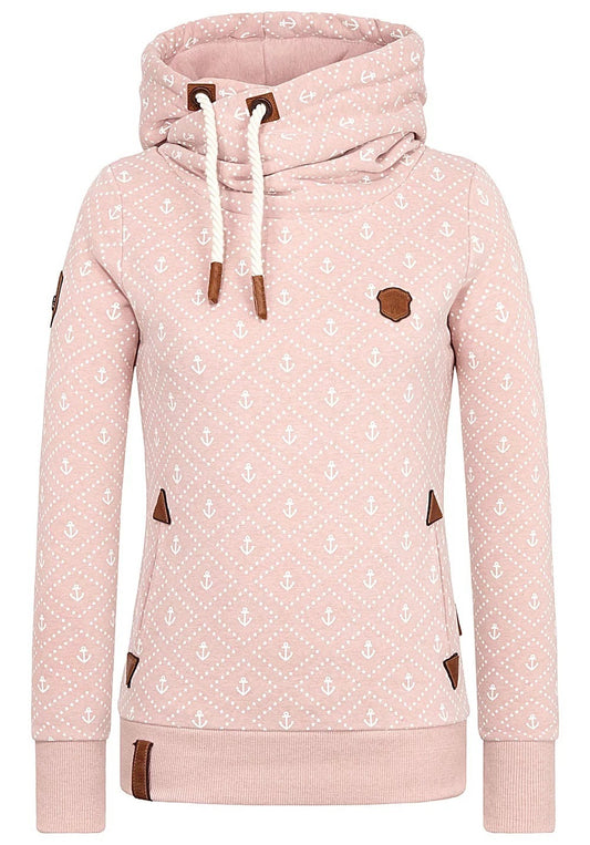 Polka Dot Print Pockets Drawstring High Neck Slim Hoodie