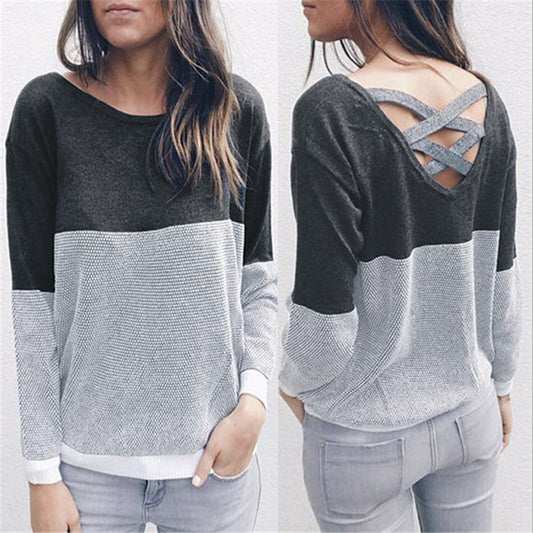 Patchwork Scoop Open Back Strap Cross Women Pullover Sweater