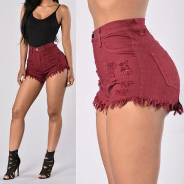 High Waist Pure Color Ripped Slim Women's Shorts