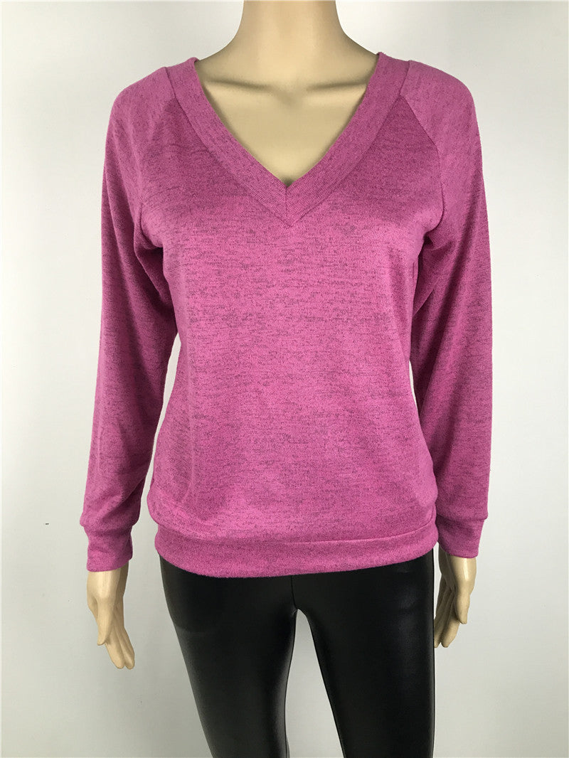 Large V-neck Pure Color Long Sleeves Regular Blouse