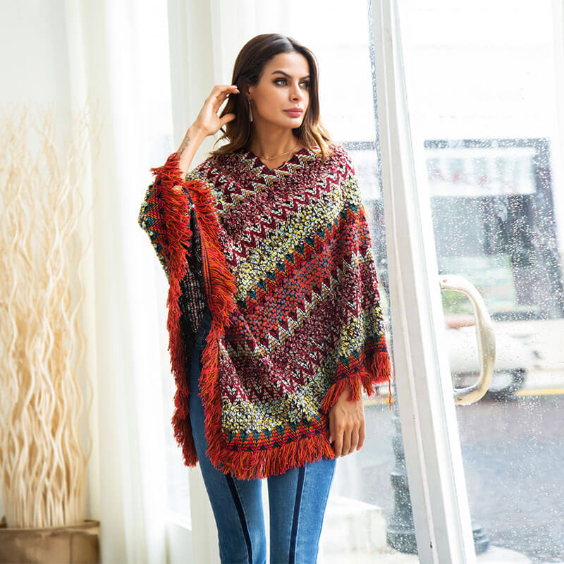 Tassel Poncho Pullover Knit Sweater