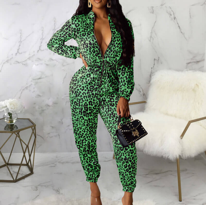 Leopard Zipper Long Sleeves Jumpsuit