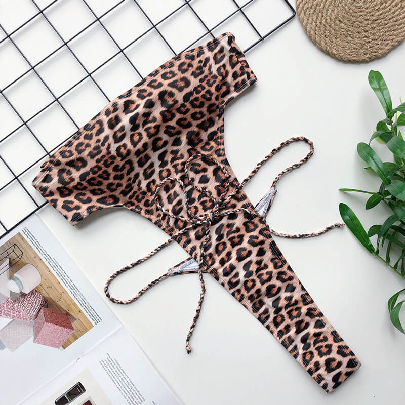 Animal Print Bandeau Bandages Backless High Cut Swimsuits