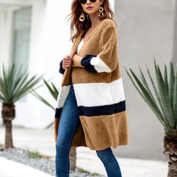 Open Front Fuzzy Colorblock Cardigan Coat