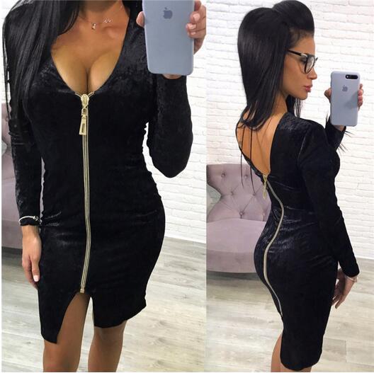 Zipper Irregular Pure Color Long Sleeves V-neck Short Dress