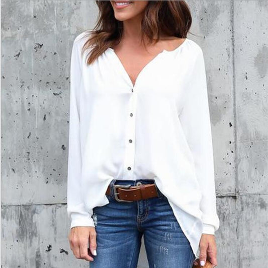 V-neck Loose Button Pure Color Long Sleeves Blouse