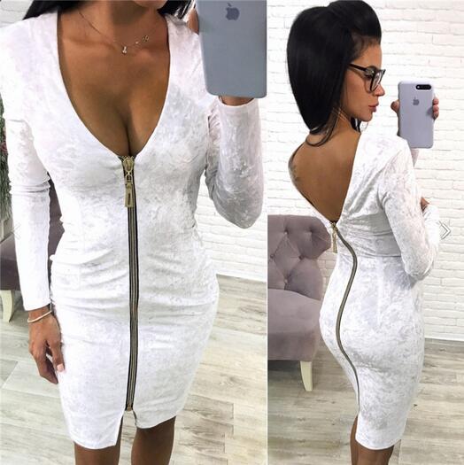 Zipper Irregular Pure Color Long Sleeves V-neck Short Dress