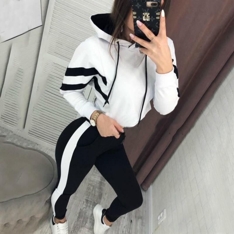 Striped Hooded Blouse Long pants Set