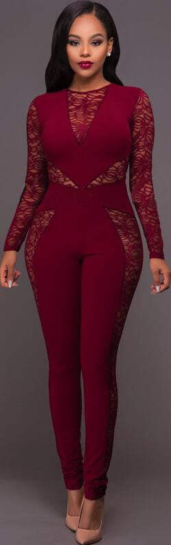 Lace Patchwork Long Sleeve Back Zipper Slim Long Jumpsuit