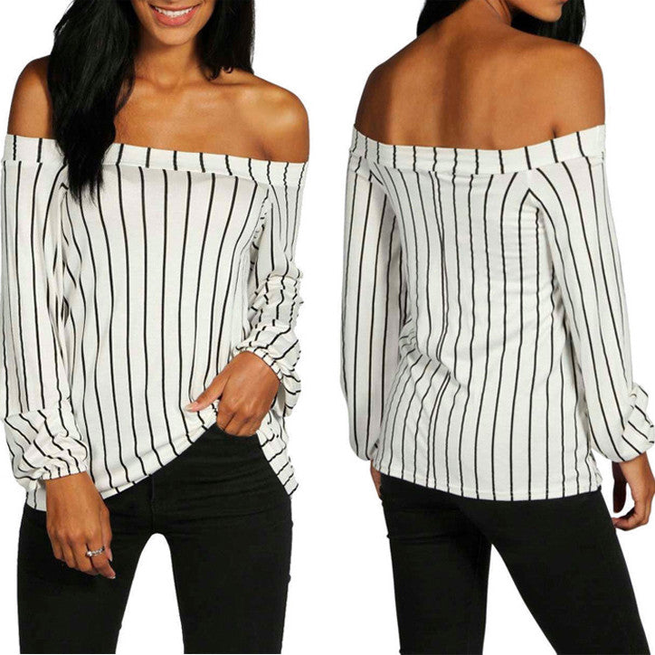 Off Shoulder Striped Long Sleeves Regular Blouse