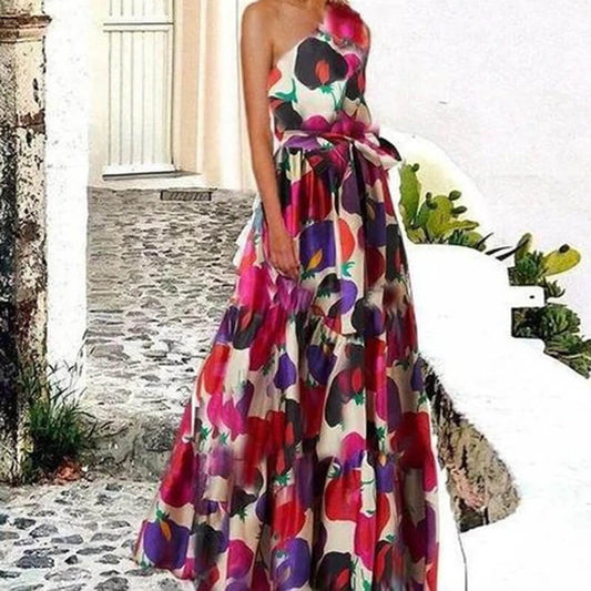 Slash Neck Printed Empire Waist Long Dress