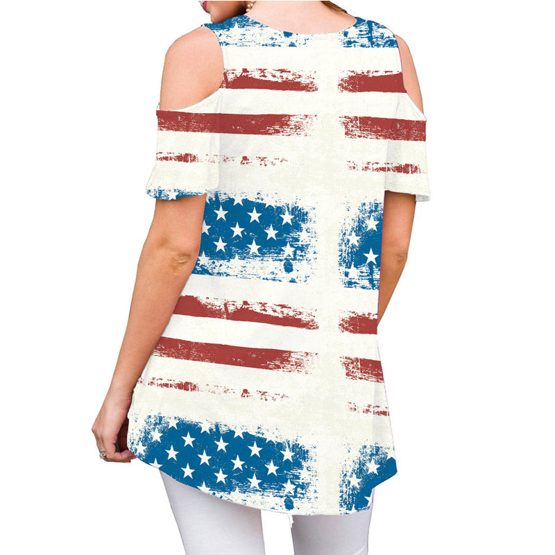 Casual Flag Print Cutout Short Sleeve Loose T-shirts