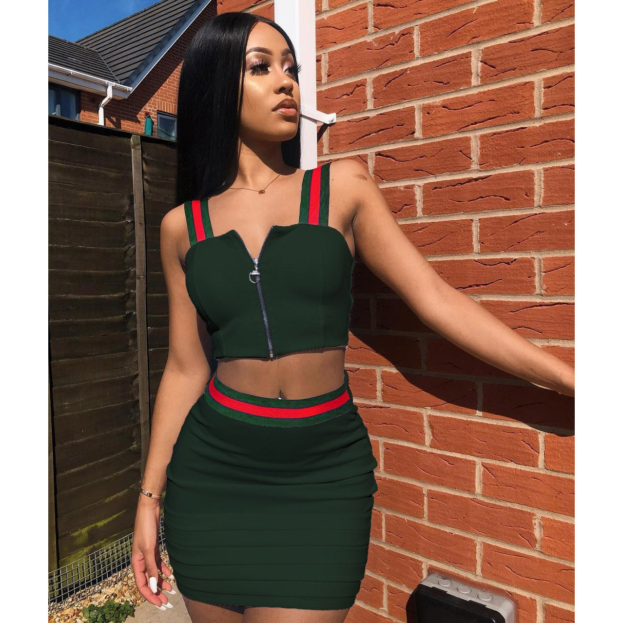 Straps Front Zipper Crop Top with High Waist Bodycon Short Skirt Two Pieces Dress Set Outfits