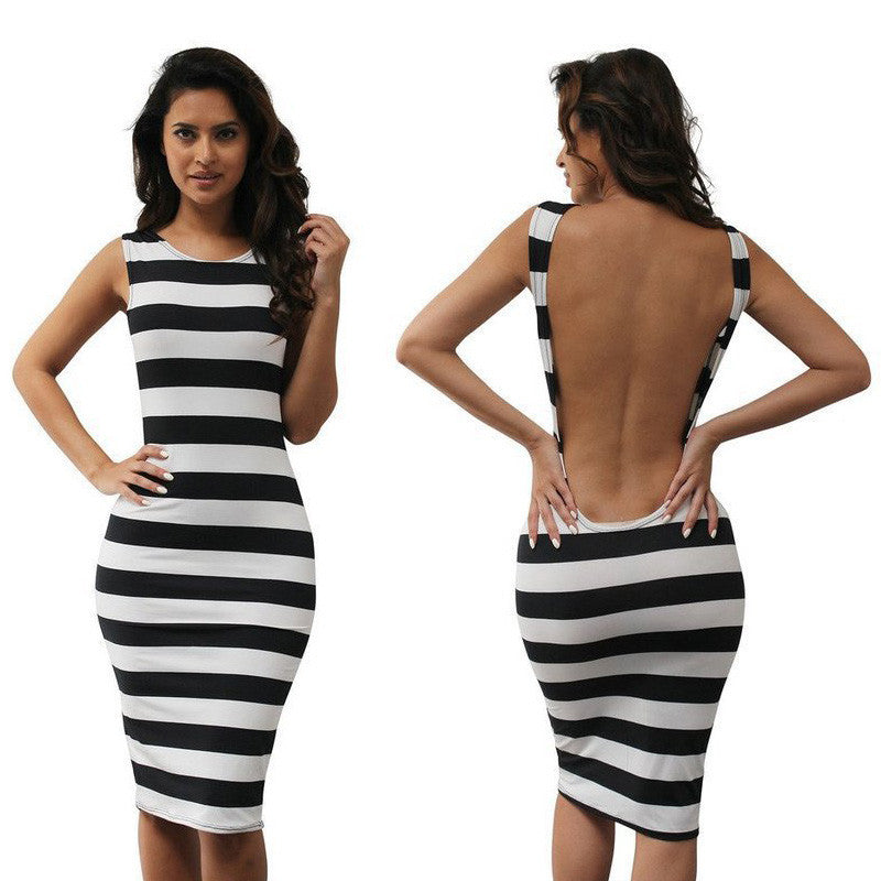 Scoop Backless Sleeveless Bodycon Striped Knee-length Dress