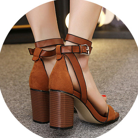 Suede Chunky Heel Peep-toe Ankle Strap High Heels Sandals