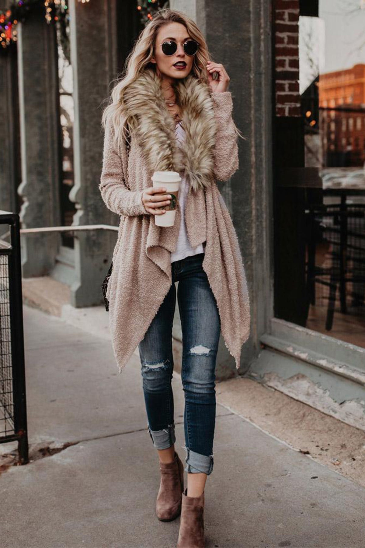 Faux Fur Collar Lapel Irregular Long Loose Coat Outwear