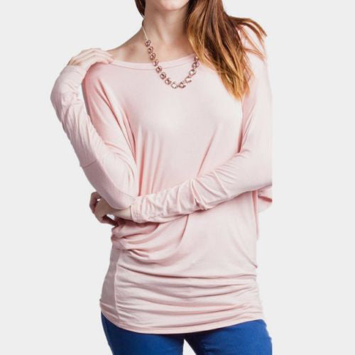 Scoop Pure Color Long Batwing Sleeves Loose Blouse