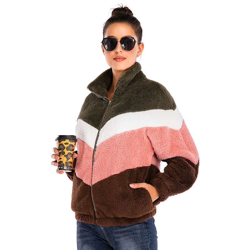 Fuzzy Turtleneck Zipper Patchwork Sweatshirts