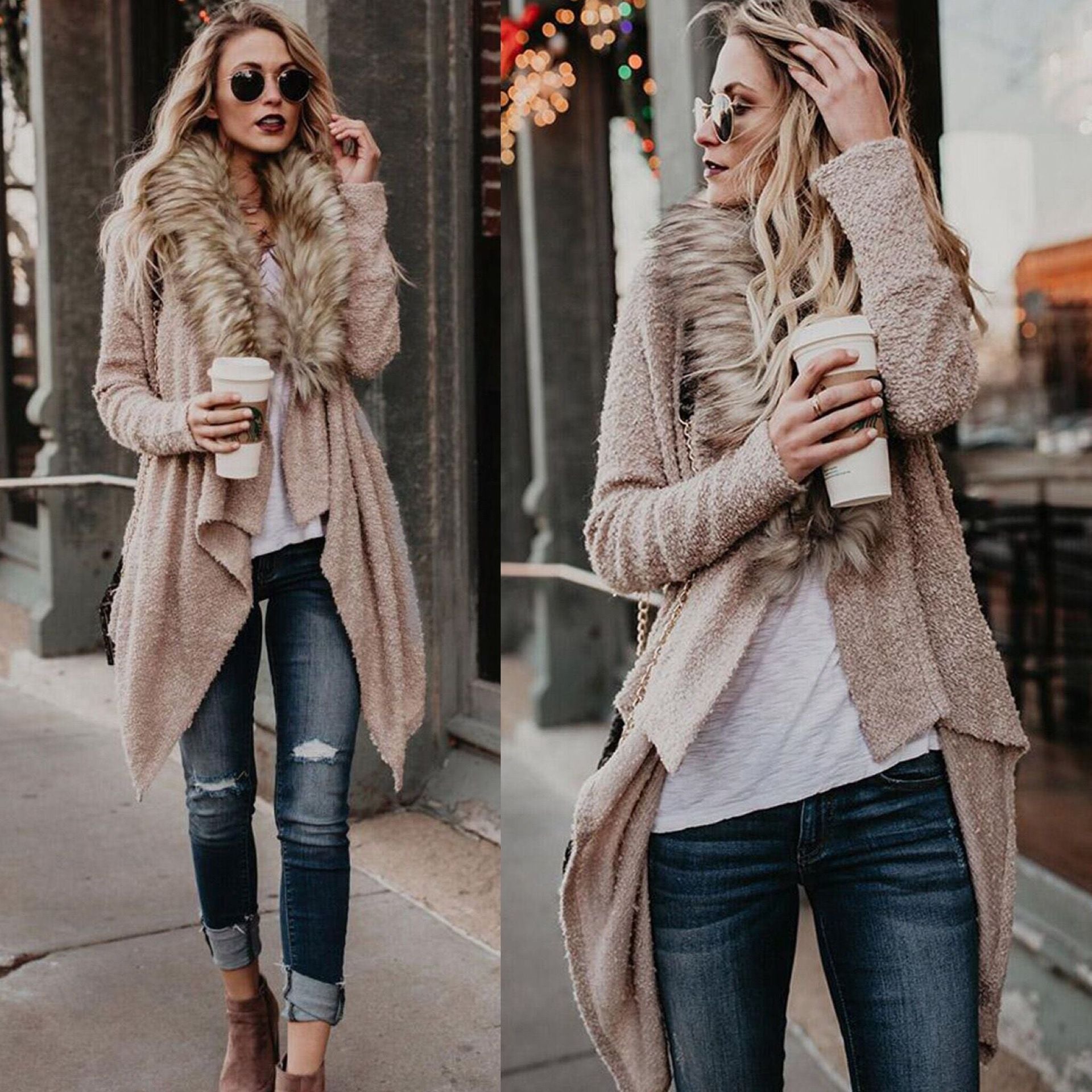 Faux Fur Collar Lapel Irregular Long Loose Coat Outwear