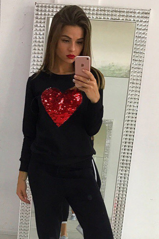 Heart Print Round Collar Long Sleeves Sweatshirt