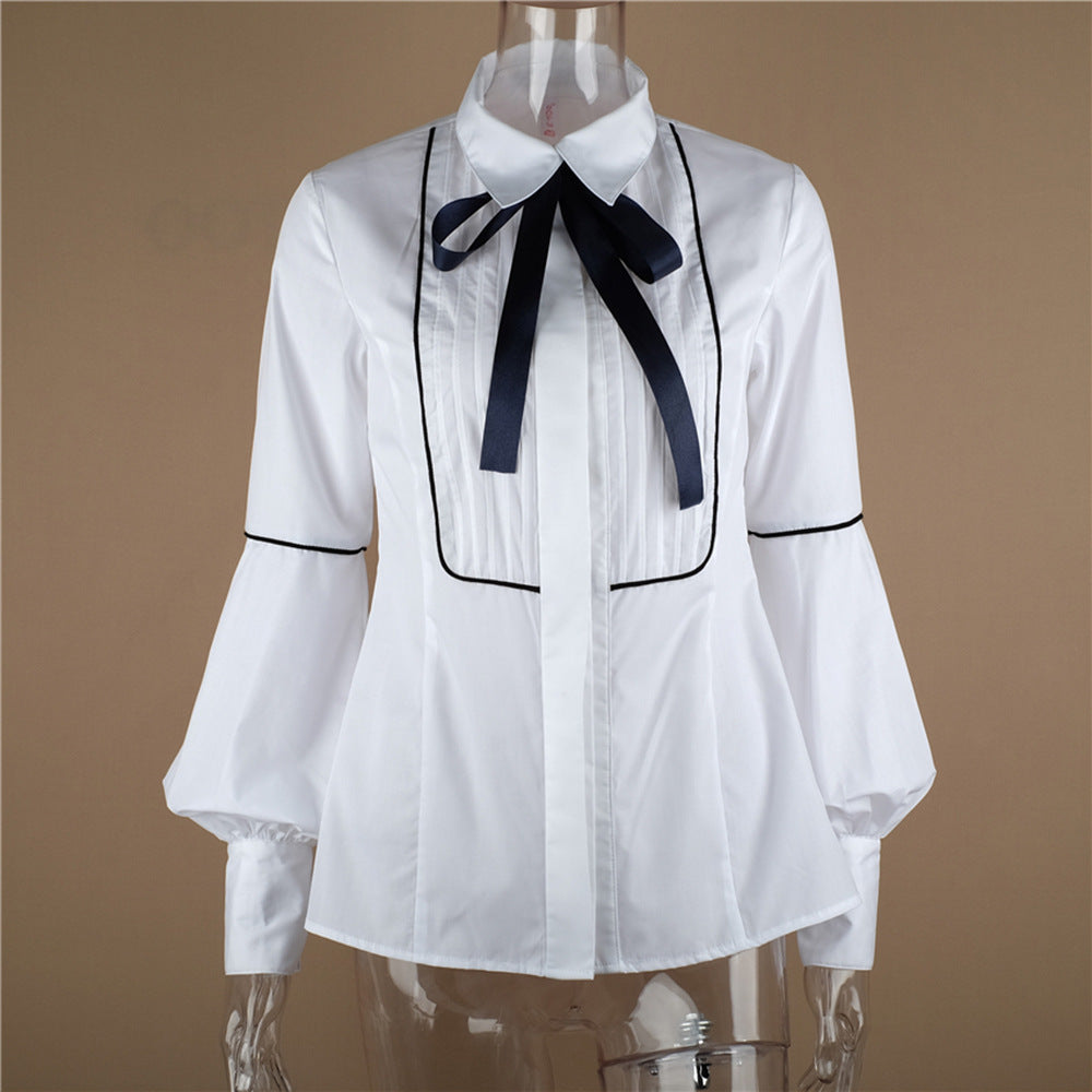 Stand Collar Bowknot Lantern Sleeves Slim Blouse