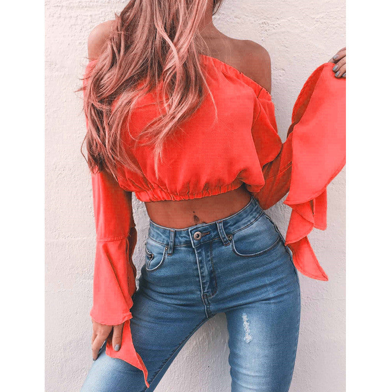 Off Shoulder Candy Color Long Trumpet Sleeves Short Blouse Crop Top