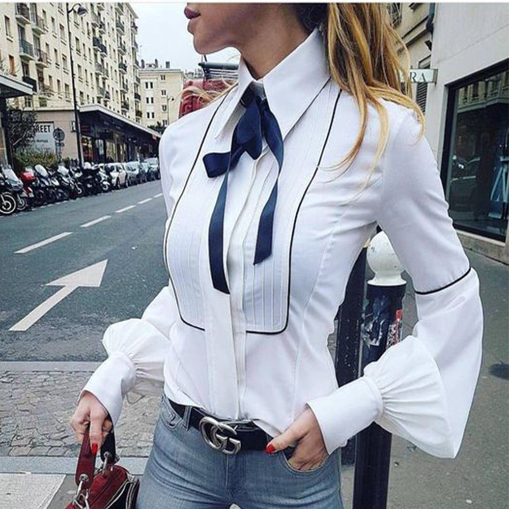 Stand Collar Bowknot Lantern Sleeves Slim Blouse